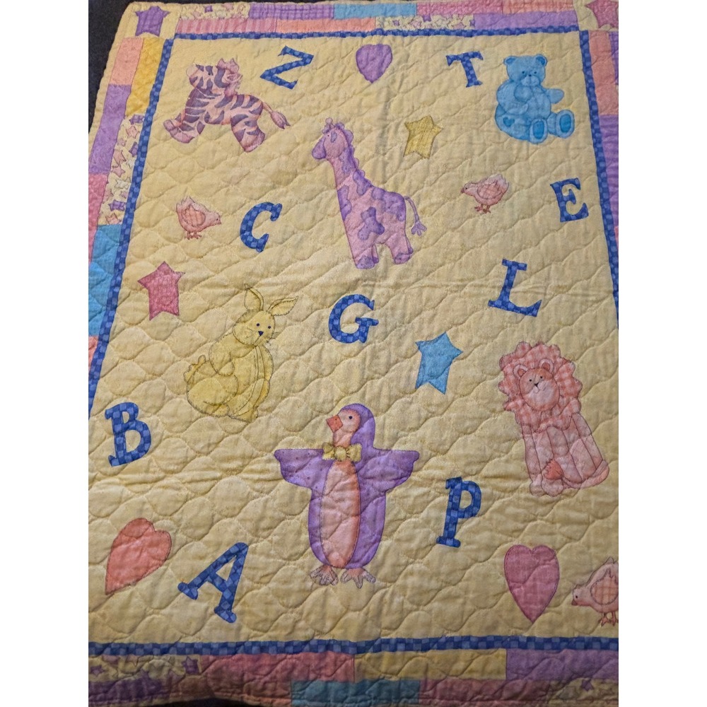 1990s  Baby Quilt Alphabet Animal Noahs Ark Nursery Blanket Yellow Pastel 34x41